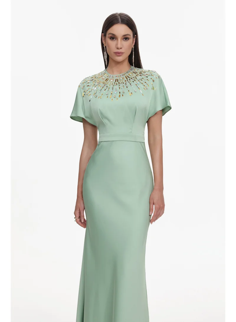 Bella Barnett  Lacey Elegant Tailored Short Sleeve Crystal Embellished Satin Maxi Dress for Women | Best Price UAE